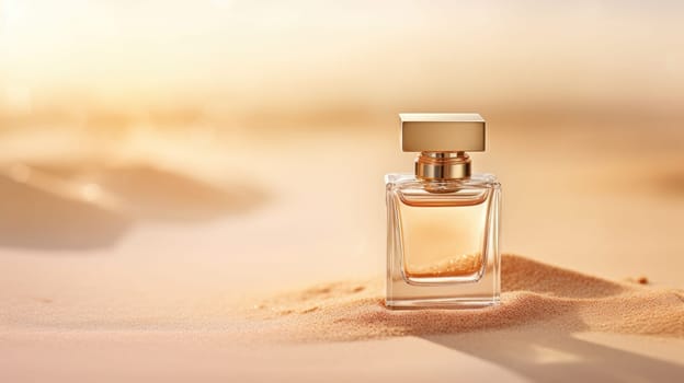 Transparent brown glass perfume bottle mockup with sandy background. Eau de toilette. Mockup, spring flat lay