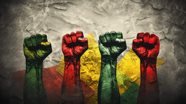 Raised fists drawing on stone wall in the colors yellow, green, and red. Juneteenth Freedom and African liberation day. Black life matters. Black history month