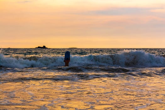 Beautiful sunny landscape panorama with huge powerful waves and clear water in Bentota Beach Galle District Southern Province Sri Lanka island.