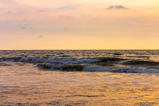 Beautiful sunny landscape panorama with huge powerful waves and clear water in Bentota Beach Galle District Southern Province Sri Lanka island.