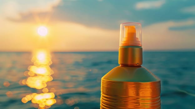 A bottle of orange juice splashes into the ocean, blending with the water and sky. The fluid travels towards the horizon, creating a natural art in the landscape AIG50