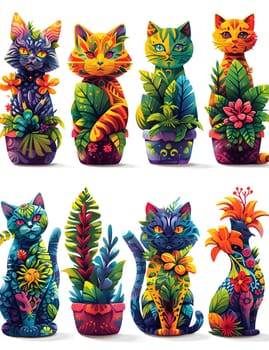 A colorful group of small to mediumsized cats with potted plants on them. The cats are Green, White, Blue, and Yellow. They belong to the Felidae family of vertebrate mammals