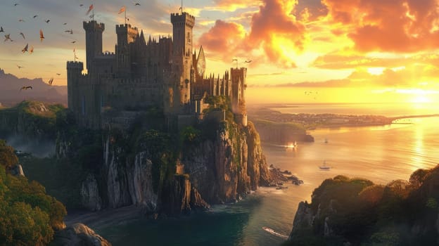 A medieval castle on a cliff overlooking the ocean, with knights and dragons. Medieval castle, cliffside setting, ocean view, knights, dragons, epic fantasy. Resplendent.