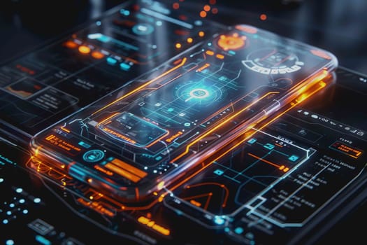 smartphone a transparent display shows user interface components, UX, UI, futuristic technology