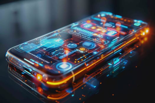 smartphone a transparent display shows user interface components, UX, UI, futuristic technology