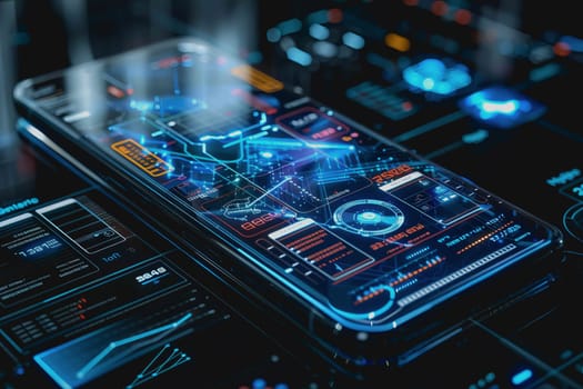 smartphone a transparent display shows user interface components, UX, UI, futuristic technology