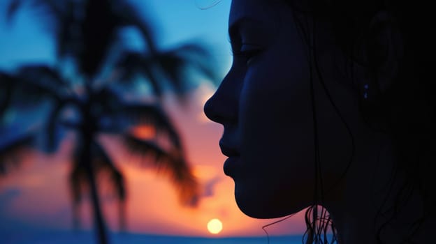 The silhouette of a womans face against a colorful sunset with palm trees and a beautiful natural landscape. Her gesture exudes happiness and peace as the heat of the day gives way to darkness AIG50