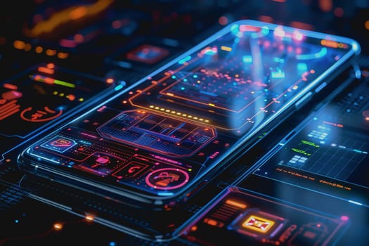 smartphone a transparent display shows user interface components, UX, UI, futuristic technology