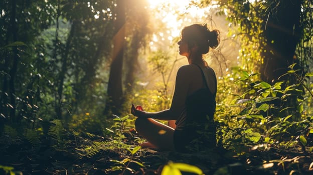 The picture of the young or adult female human doing the yoga pose for relaxation or meditating the mind in the middle of the nature under the bright sun in the daytime of a dawn or dusk day. AIGX03.