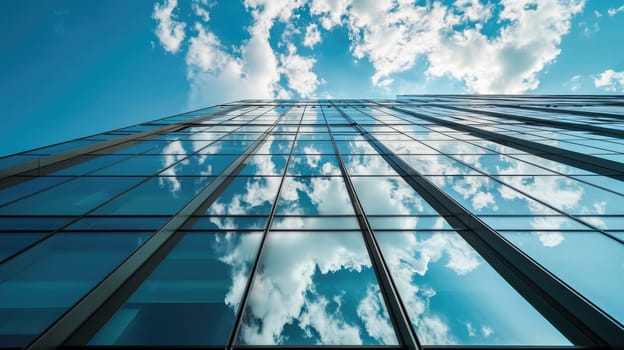 A big tall structure with an uncountable amount of the mirror or glass that reflect the of light by the bright sun and show what is on the other side of them that the picture of it so clear. AIGX03.