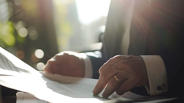 Close up of businessman holding newspaper while planning marketing strategy. Professional project manager wearing suit and reading at news while thinking about financial plan. Focus on hands. AIG42.