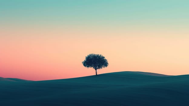A minimalistic nature landscape with tree surrounded with desert at sunset with pink and blue background. A fantasy tree with magical view surrounded with grass area. Neutral image concept. AIG42.
