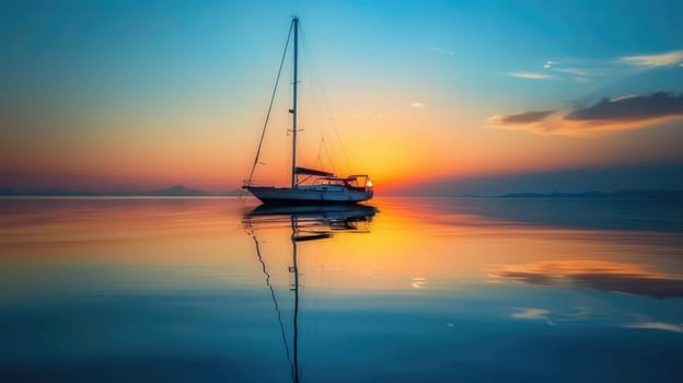 A sailboat glides gracefully on the calm waters of a lake as the sun sets, casting a warm afterglow over the tranquil scene AIG50