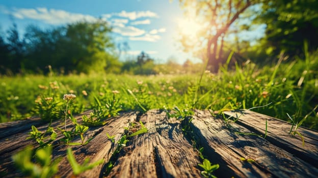 The picture of the wood table in the middle of the forest that surrounded with an uncountable amount of tree and plant in the forest with a bright light from the brightest sun of the daytime. AIGX03.