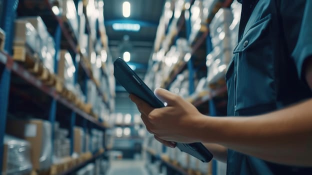 Close up of smart project manager hands looking tablet while checking product at warehouse. Start up business man working on tablet while walking at storage with blurring background. Business. AIG42.