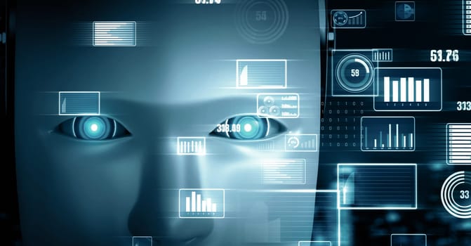 MLP 3d illustration Future financial technology controll by AI robot huminoid uses machine learning and artificial intelligence to analyze business data and give advice on investment and trading decision. 3D rendering.