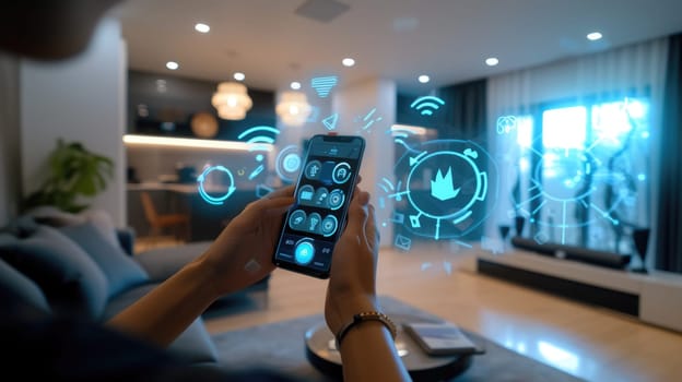 Hands hold a device with a smart home control interface, symbolizing the seamless connection between technology and home automation. AIG41