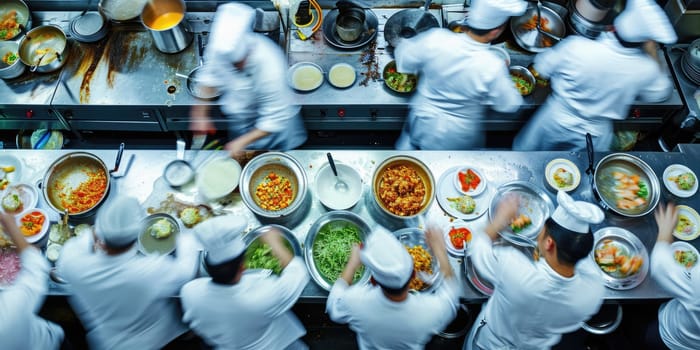 Professional chefs in white uniforms are intensely preparing and plating dishes in the fast-paced environment of a commercial restaurant kitchen. Resplendent.