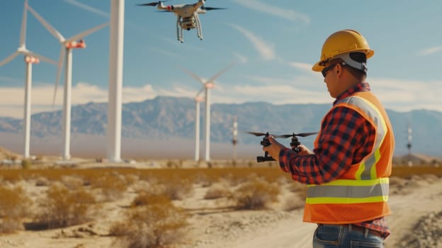 Skilled civil engineer with safety helmet exploring and inspecting area with wind mill by using drone. Engineer using innovation technology to control drone to survey landscape. Technology. AIG42.