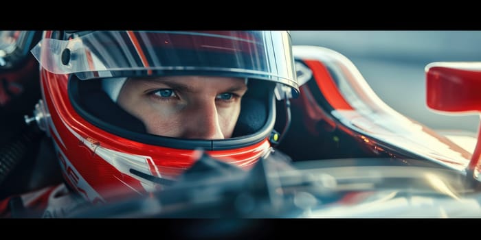 Close up portrait of racing car driver wearing helmet and focusing on driving car. Skilled driver looking forward while sitting in a racing car and looking at camera. Extreme sport concept. AIG42.