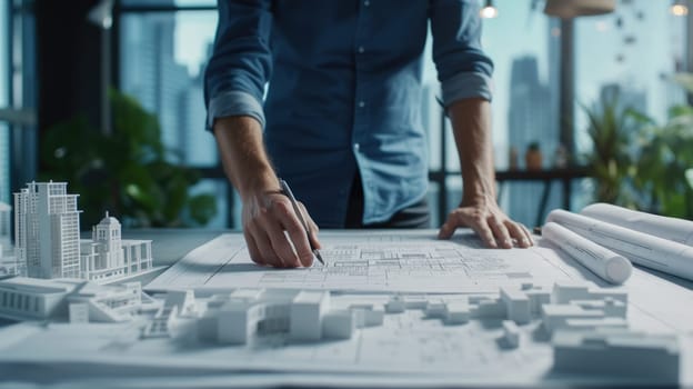 Skilled architect holding blueprint and planning building construction. Close up of professional civil engineer hands looking project plan while inspecting and checking at house structure. AIG42.
