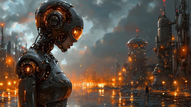 The side view of the single humanoid robot that has traveling to the various place on the land but yet it looks like robot still trying to find something to be next target of the exploration. AIGX03.