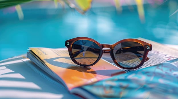 A pair of eyewear rests on top of an open magazine by the azure pool, reflecting the electric blue water. A scene of leisure and relaxation by the fluid aqua AIG50
