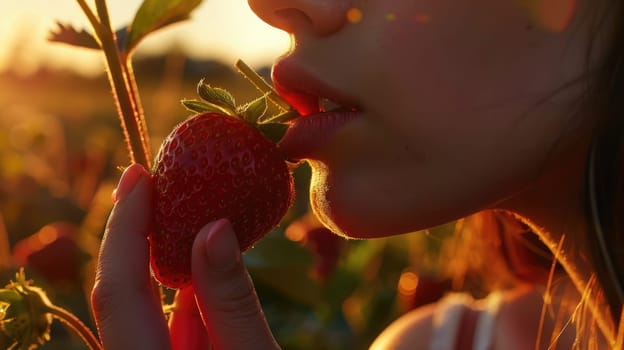 A woman happily eats a ripe strawberry under the blue sky, surrounded by flowers and plants. Her gesture shows her joy as she enjoys the sweet fruit AIG50