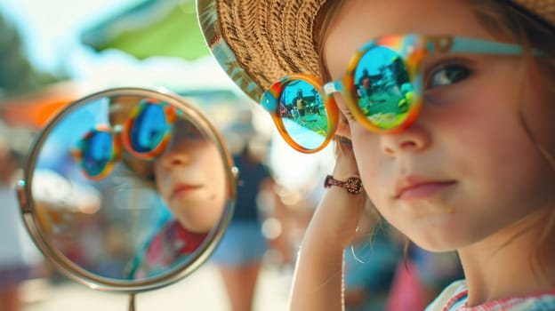 A closeup shot of a person in sunglasses by a pool, showcasing trendy eyewear and vision care. The azure background complements the stylish eye glass accessory AIG50