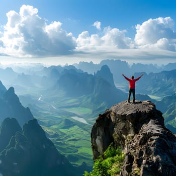 A man with arms outstretched stands on a mountain top, embracing the vast natural landscape below surrounded by cumulus clouds and valleys