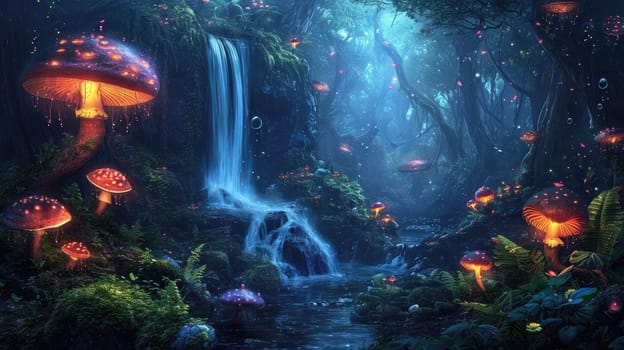 A breathtaking digital painting of a fantasy forest with towering mushrooms aglow with internal light, amidst an ethereal misty landscape. Resplendent.