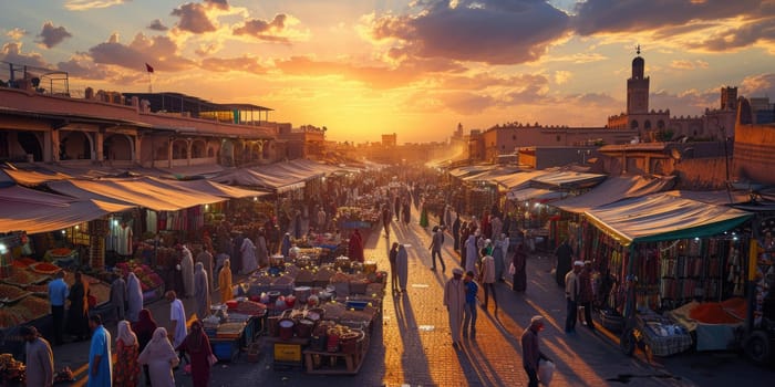 The warm glow of sunset bathes a traditional Moroccan market, where locals engage in commerce amid vibrant stalls and goods. Resplendent.