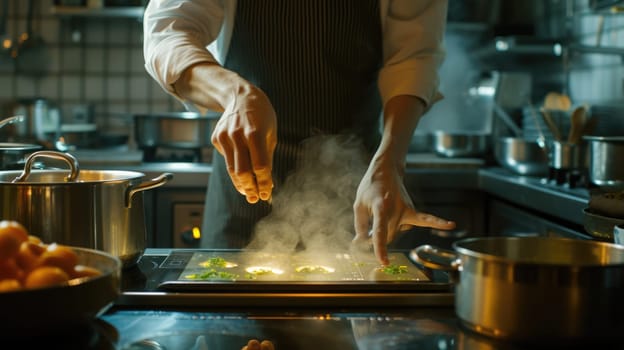 Close up of professional chef hands using tablet or innovation technology while cooking form recipe. Skilled cock wearing cook uniform while looking at food recipe. Futuristic cocking concept. AIG42.