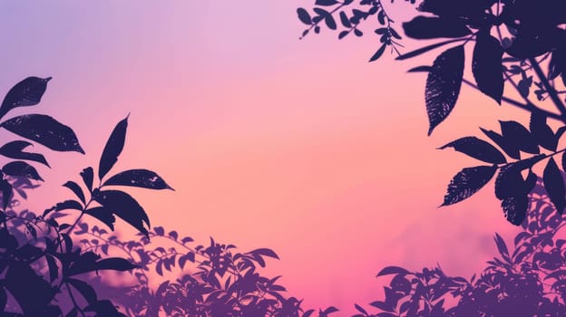 A row of tree silhouettes with twisted twigs against a pink and violet dusk sky, creating a serene natural landscape atmosphere AIG50