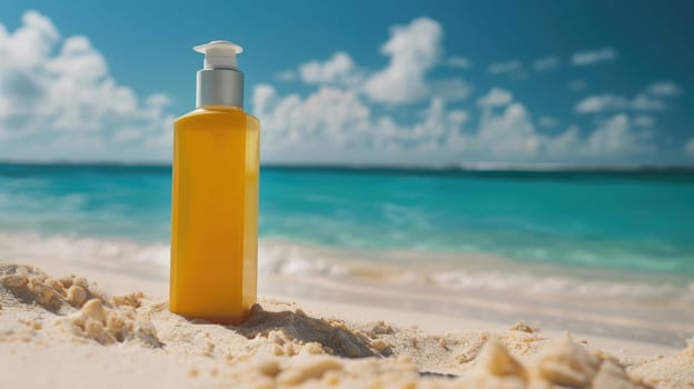 A bottle of perfume rests on the sandy beach as the sun sets over the tranquil water, casting a dreamy light on the fluid horizon and painting the sky with soft clouds AIG50