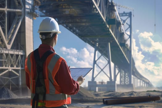 Professional civil engineer holding project plan while inspect bridge while wearing safety helmet. Skilled architect looking at blue print and standing at building structure or construction. AIG42.