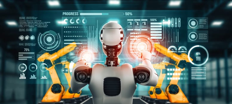 MLP Mechanized industry robot and robotic arms for assembly in factory production. Concept of artificial intelligence for industrial revolution and automation manufacturing process.