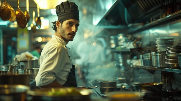 Portrait close up of professional chef looking at camera at modern kitchen. Smart cook cooking and making a dish while standing in front of strove at modern restaurant. Gourmet cuisine concept. AIG42.