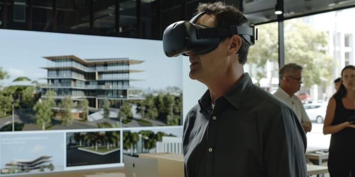 Skilled architect wearing visual reality glasses by using VR goggles to connect and design building while working at modern art studio. Professional civil engineer planning strategy with cloth. AIG42.