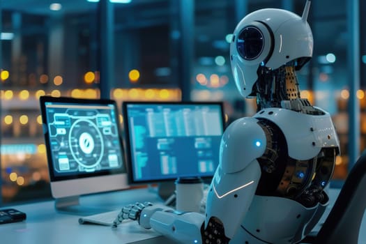 Smart robotic machine using laptop and planning marketing strategy at company. AI looking at data analysis while working on computer and writing a business report. Technology innovation. AIG42.