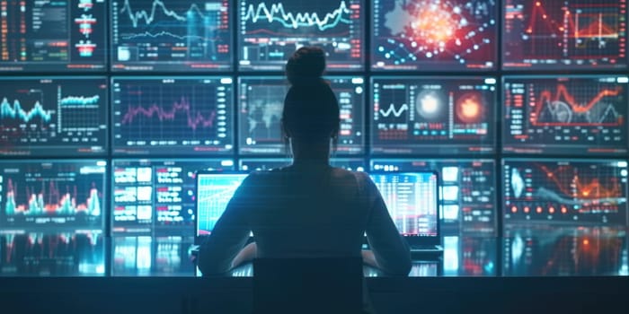 Back view of smart analyst looking at monitor display stock market statistic chart or financial graph. Professional businessman making decision for investment while planning marketing strategy. AIG42.