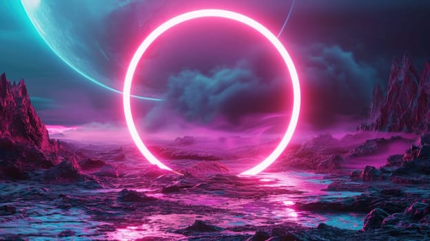 The great pink floating circle beyond the river that surrounded with a lot amount of the tall mountains at the dawn or dusk time of the day that shine light to the every part of the picture. AIGX03.