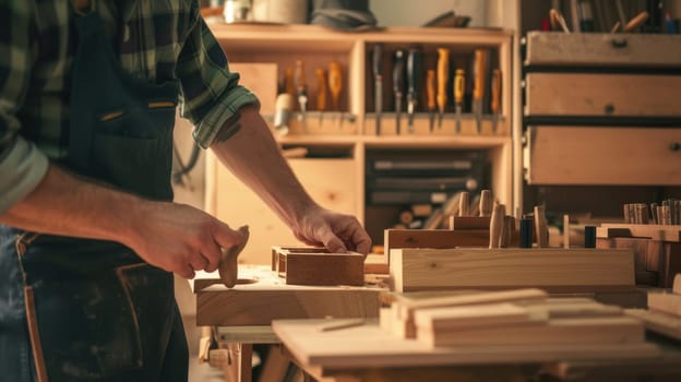 An experienced artisan carefully shapes wooden elements, demonstrating the art of fine woodworking in his cluttered workshop. AIG41