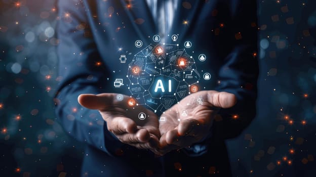 businessman holding glowing AI symbol in his hand AIG51A.