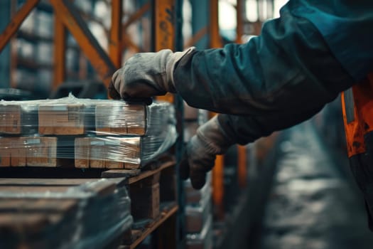 Close up of professional attractive warehouse worker hands checking product and leading goods. Skilled civil engineer moving the box in the factory or production lines. Focus on hands concept. AIG42.