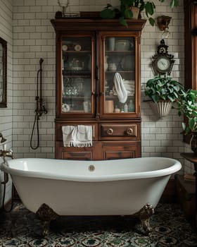 A bathroom with a bathtub, cabinet, mirror, and clock. The property features a plant by the window, wood fixtures, and taps. Interior design at its finest