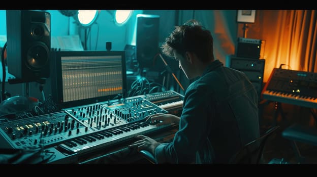 Professional energetic musician recording music while playing keyboard at modern music studio. Attractive music producer or sound engineer focus on listening demo song while mastering track. AIG42.