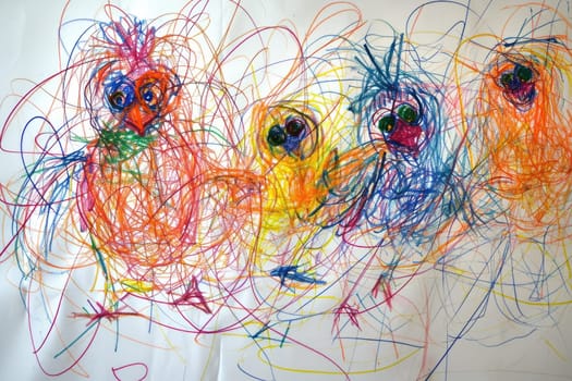 The hand drawing colourful picture of the group of the various type of chicken that has been drawn by the colored pencil or crayon on the white background that seem to be drawn by the child. AIGX01.