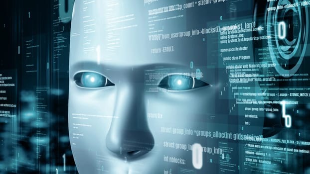 MLP 3d illustration Futuristic robot artificial intelligence huminoid AI programming coding technology development and machine learning concept. Robotic bionic science research for future of human life. 3D rendering.