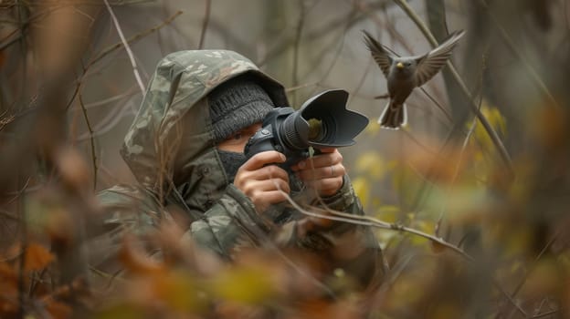 An image of professional wildlife photographer hiding bush surrounded with tree in forest and taking a photo. Hunter inspecting animal while holding and using camera while wearing green cloth. AIG42.